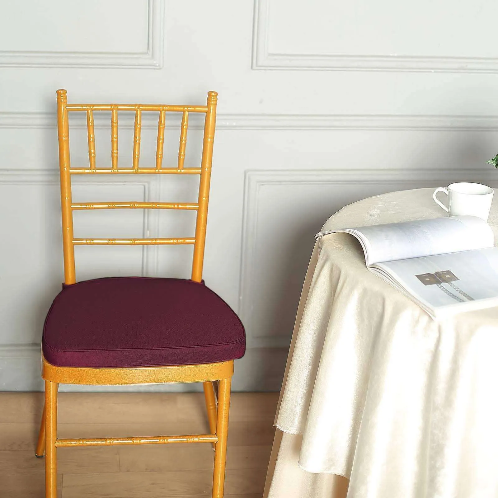 1.5" Thick Burgundy Chiavari Chair Pad, Memory Foam Seat Cushion With Ties and Removable Cover