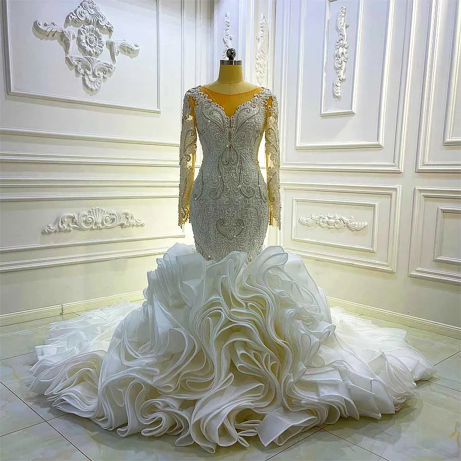 AM1078 Luxury Long Sleeve Lace Appliques Tiered Mermaid Wedding Dress