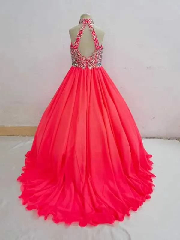 Beauty Red Halter Glitz Teenage Girl Ball Gown