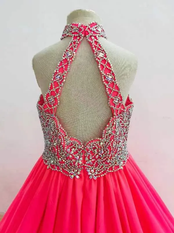 Beauty Red Halter Glitz Teenage Girl Ball Gown