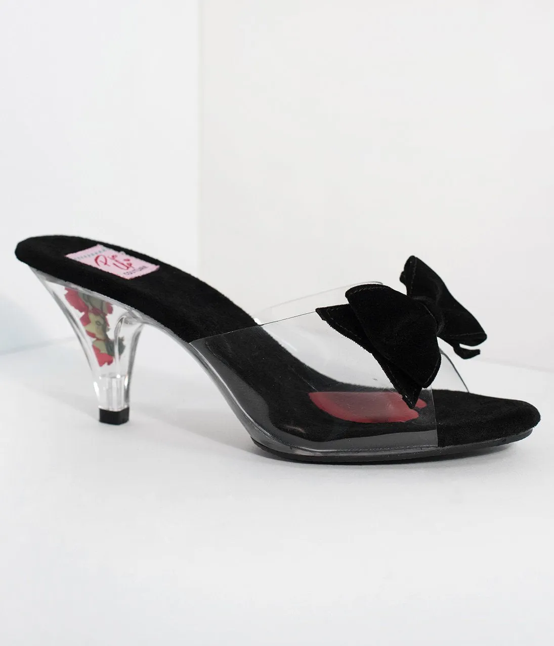 Black & Clear Encased Rose Slip On Peep Toe Heels