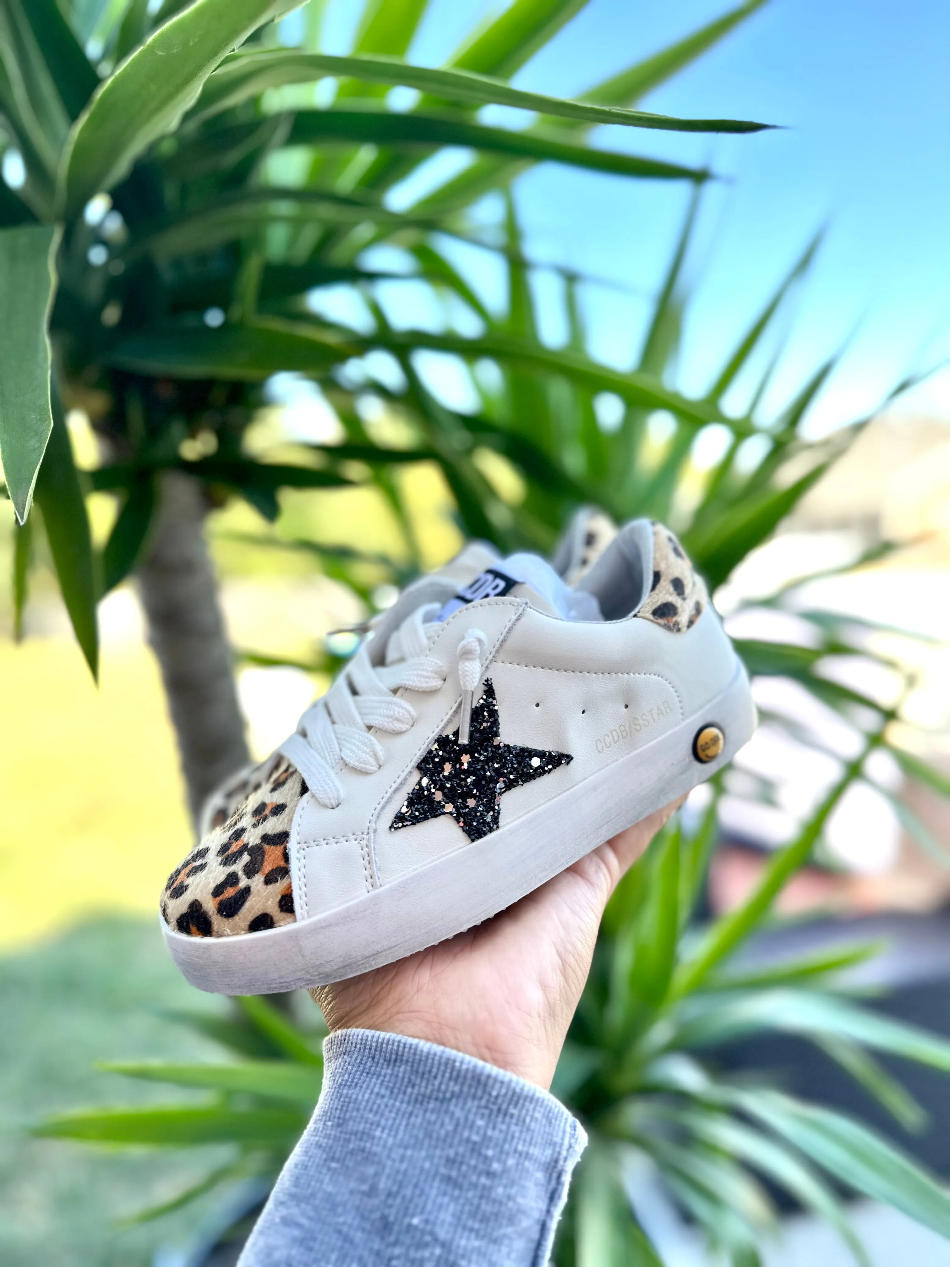 Black Glitter Star with Cheetah Accent Sneakers