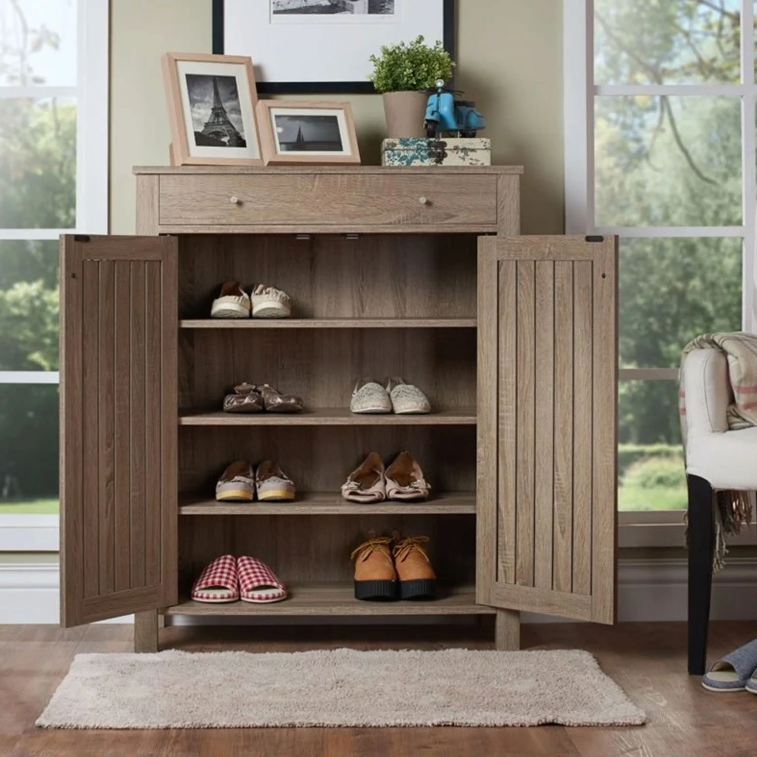 Brielle Light Oak Adjustable 4-Shelf Shoe Cabinet with Drawer (8 Pair)