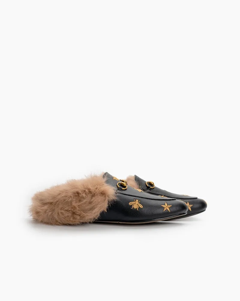 (Clean Up - US 6.5) Bee Star Embroidered Furry Fur Slip on Mules