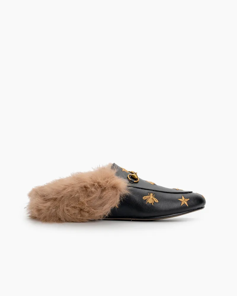 (Clean Up - US 6.5) Bee Star Embroidered Furry Fur Slip on Mules