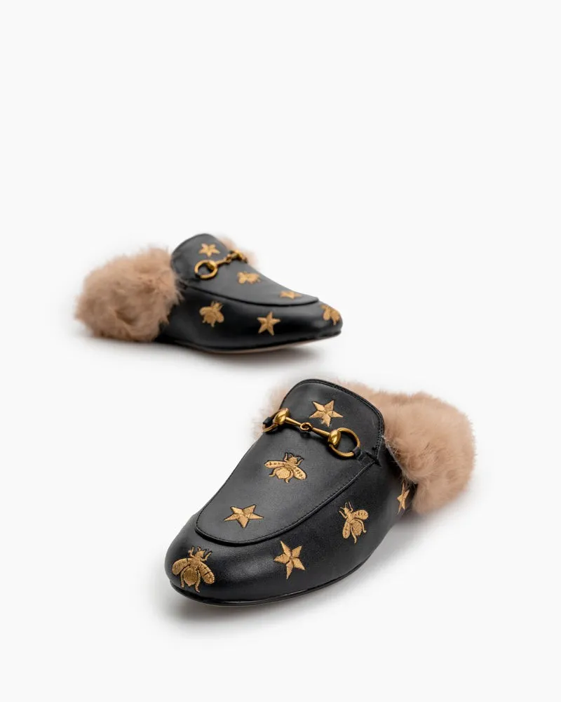 (Clean Up - US 6.5) Bee Star Embroidered Furry Fur Slip on Mules