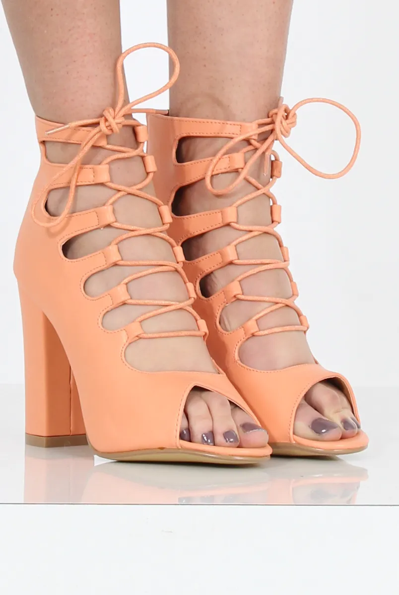 Coral Lace Up Block Heel - Jenine