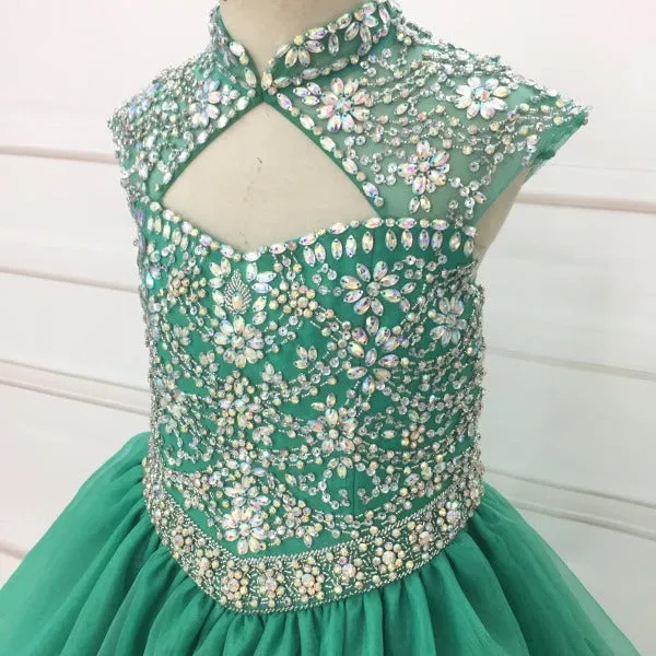 Custom Cap Sleeve AB Beaded Bodice Child Long Pageant Gown