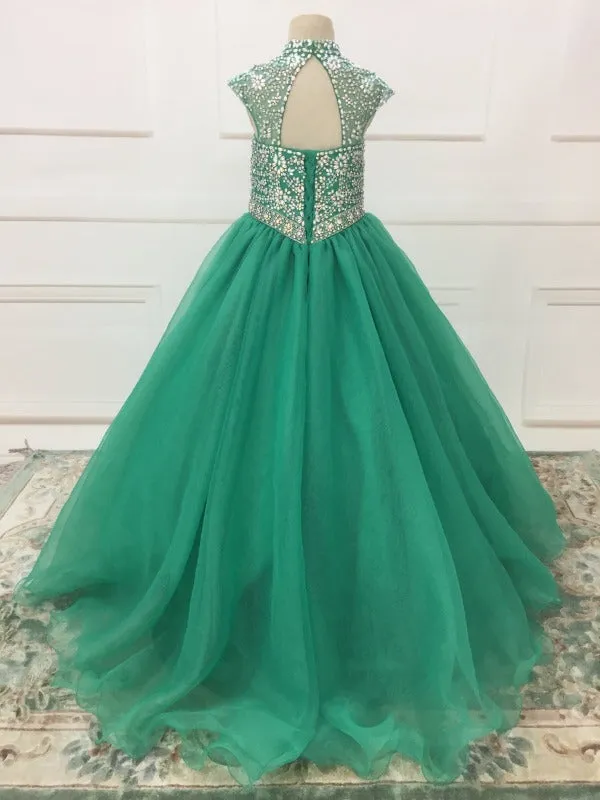 Custom Cap Sleeve AB Beaded Bodice Child Long Pageant Gown