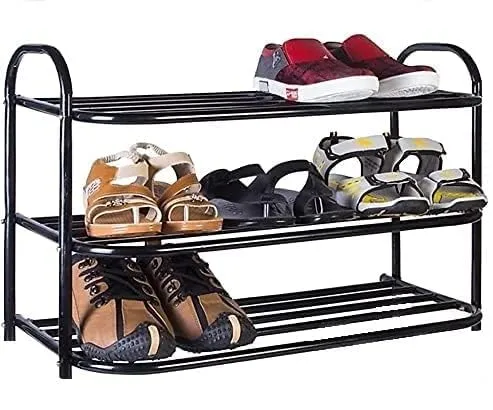 DAREV Heavy Metal Shoe Rack (3 Shelves) Foldable Open Book Shelf, Book Shelve, Shoe Rack, Shoes Storage Rack for Home Shoe Stand Shelf Big (60 * 45 * 25 cm) (Black)