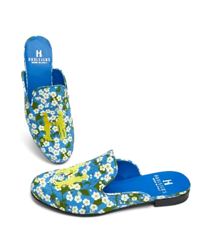 Donna Mule in Blue Floral with Gold Logo