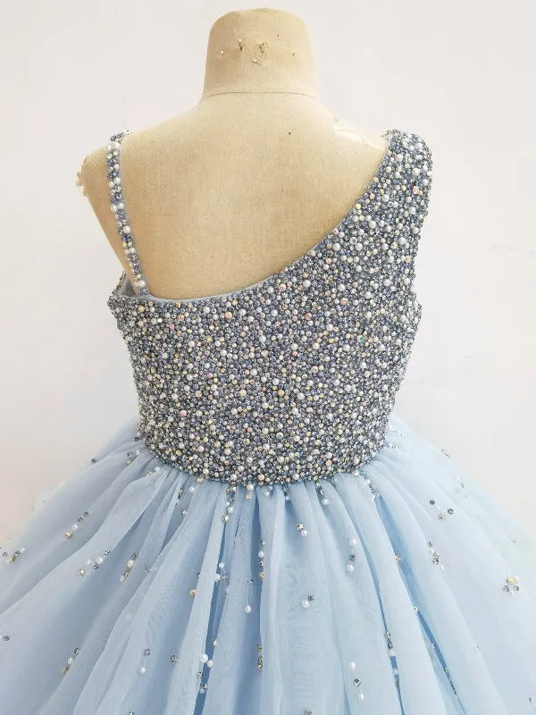 Elegant One Shoulder Sky Blue Little Girls Sparkly Gowns