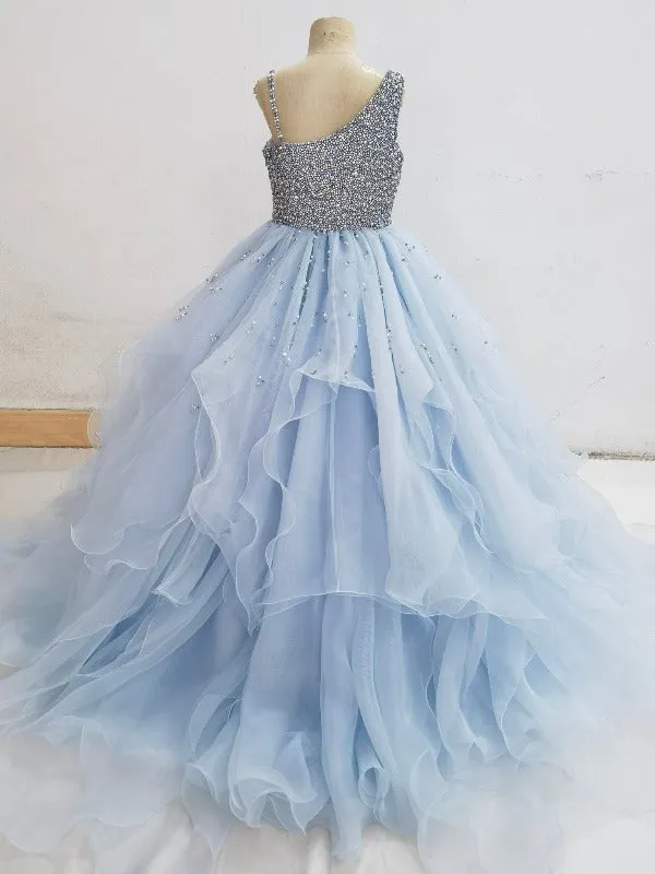 Elegant One Shoulder Sky Blue Little Girls Sparkly Gowns