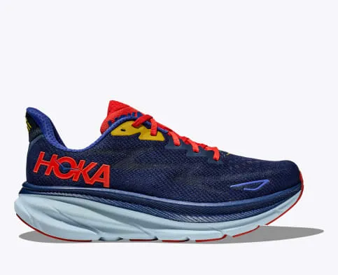 Hoka Men's Clifton 9 Max Running Shoe in Milk/Barley, Bellwether Blue, Black & Grey Available in Wide Widths