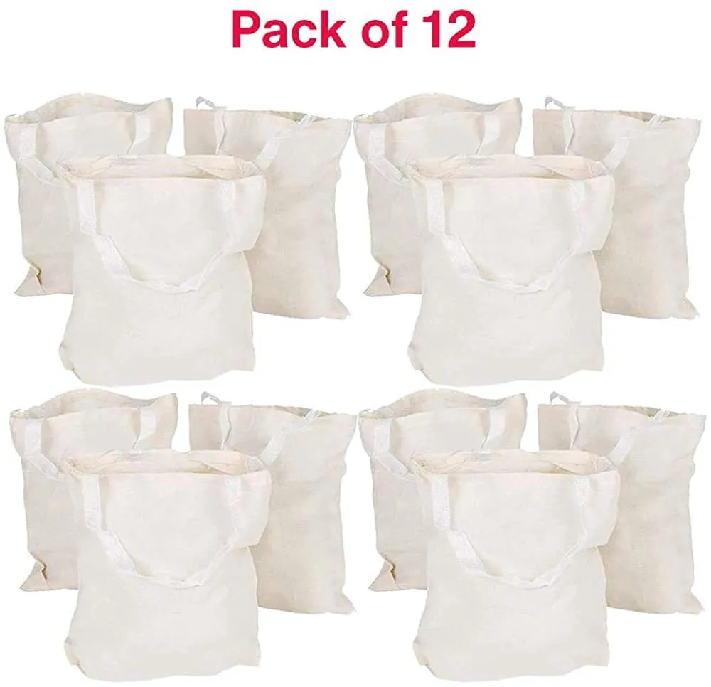 Kicko 12.75 White Classic Canvas Bags - Pack Of 12 Fabric Shoulder Bag Set - Plain Gift