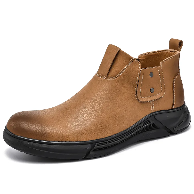 kkboxly kkboxly Men Retro Cowhide Leather Non Slip Soft Sole Elastic Slip on Chelsea Boots