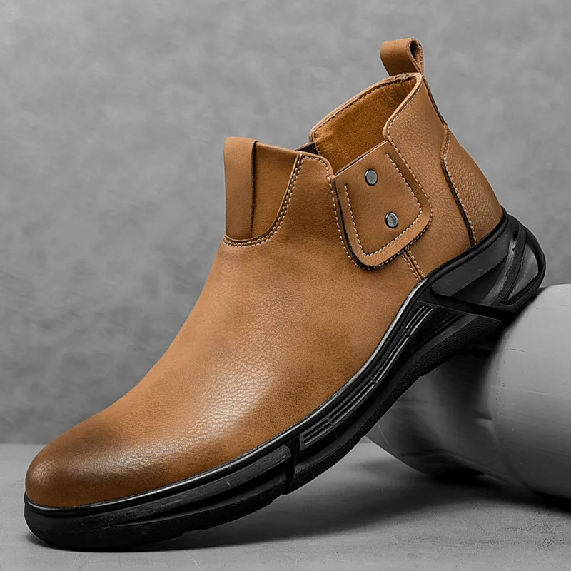 kkboxly kkboxly Men Retro Cowhide Leather Non Slip Soft Sole Elastic Slip on Chelsea Boots