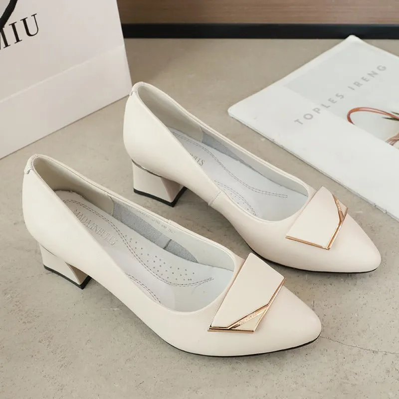 Lovely Leather Pointed Toe Low Heel Slip On Shoes