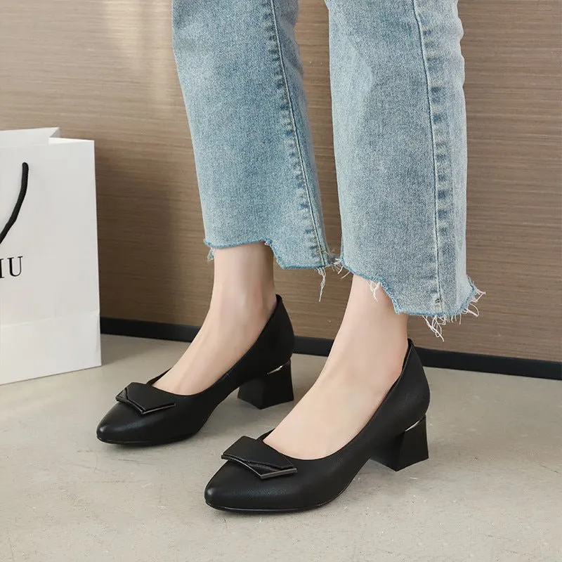 Lovely Leather Pointed Toe Low Heel Slip On Shoes