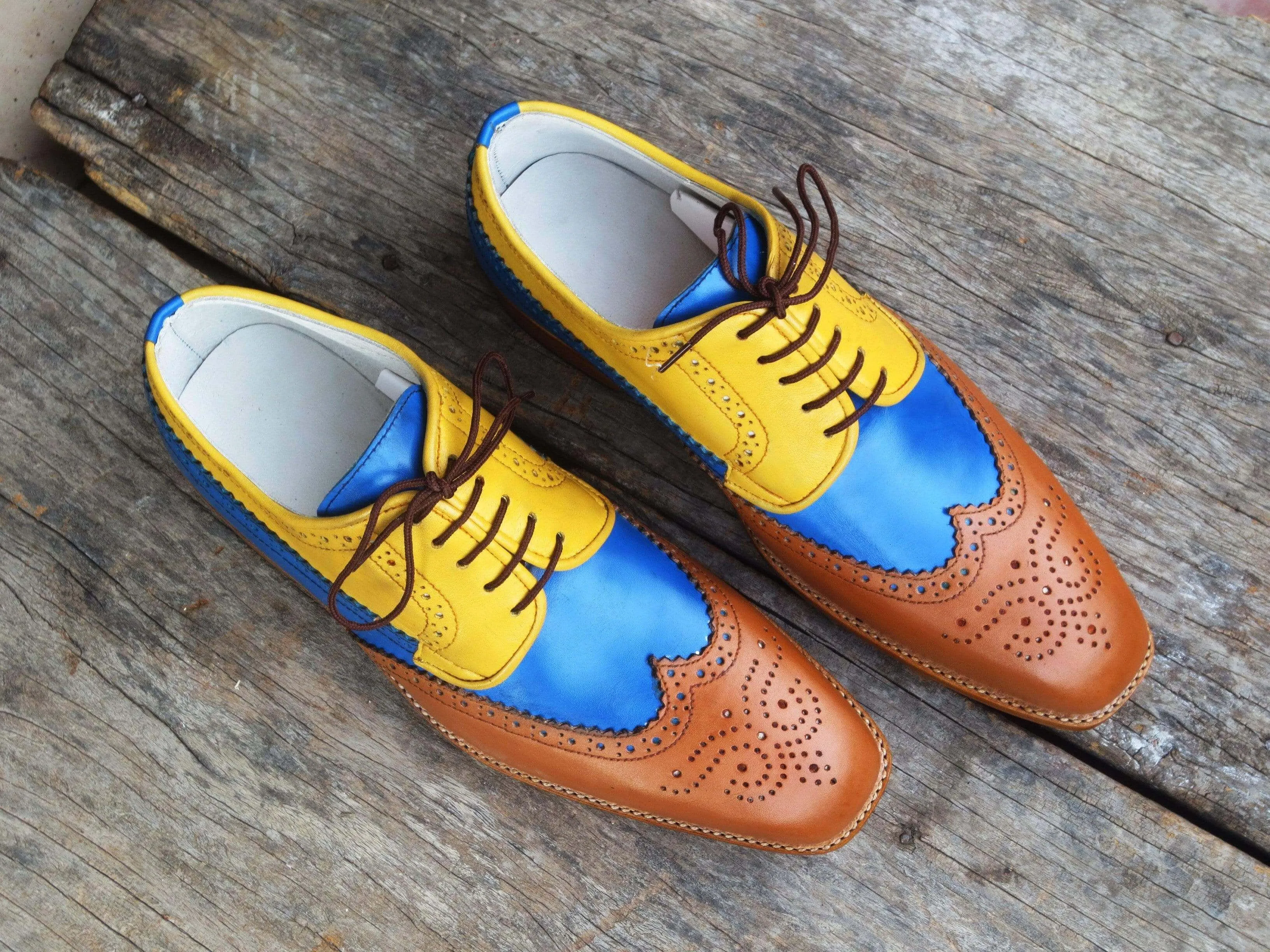 Men's Leather Multi Color Wing Tip Brogue  Lace Up Shoes