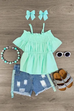 Mint Cold Shoulder Distressed Denim Short Set