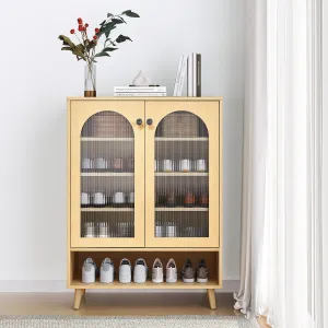 modern Boho Shoe Cabinet, Shoe Storage Cabinet with 5 Adustable Shelves Natural Rattan Slim Shoe Organizer Rack Narrow Entrance Shoes Console with Wood Legs for Entryway, Hallway