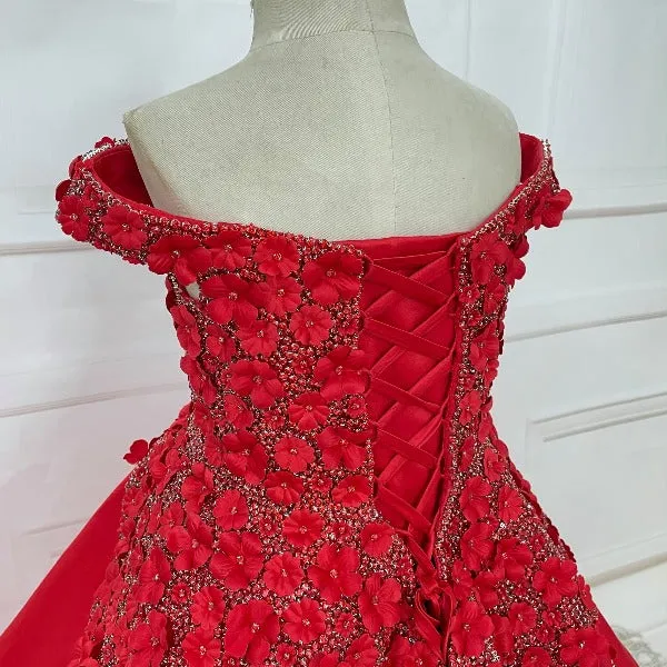 Off Shoulder Lace Flower Littel Child Red Pageant Gown