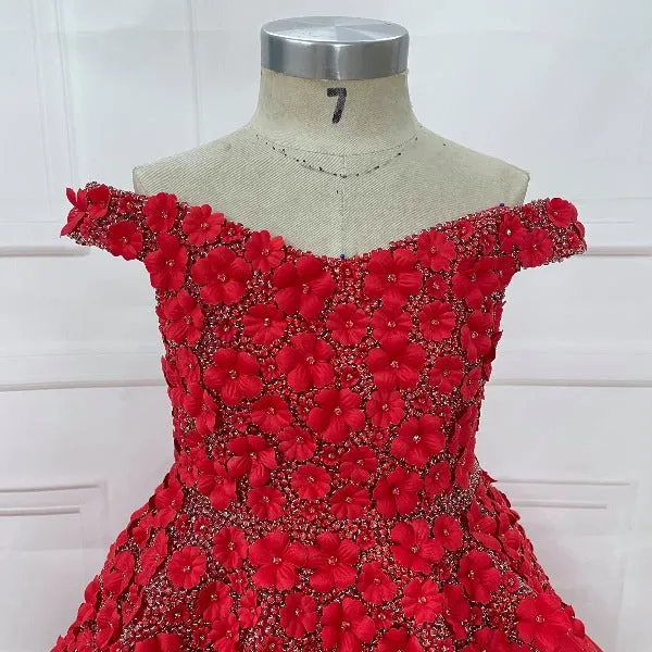 Off Shoulder Lace Flower Littel Child Red Pageant Gown