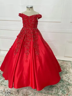 Off Shoulder Lace Flower Littel Child Red Pageant Gown