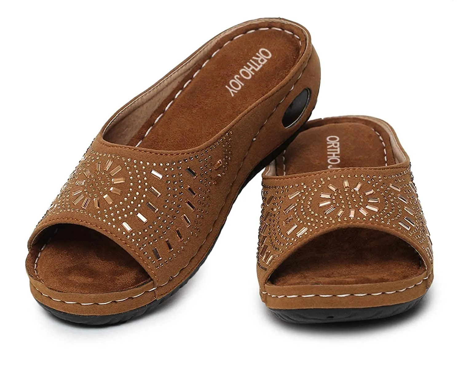 ORTHO JOY Women's Tan Faux Leather Slipper-7 UK 6 Kids (Orth_WSP05 40)