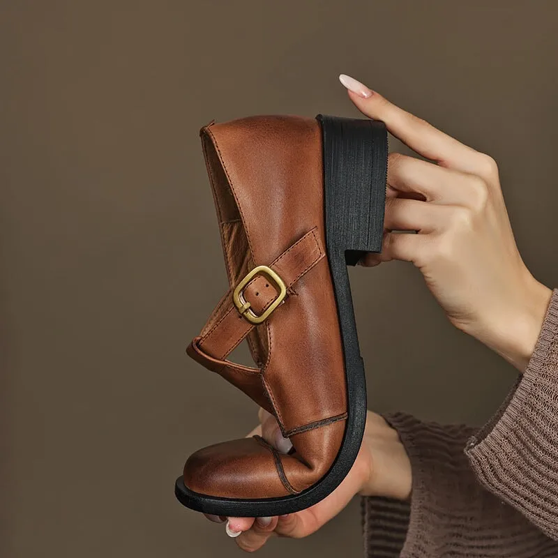 Polished Retro Style Leather Handmade Strappy Mary Jane Block Heel in Black/Brown