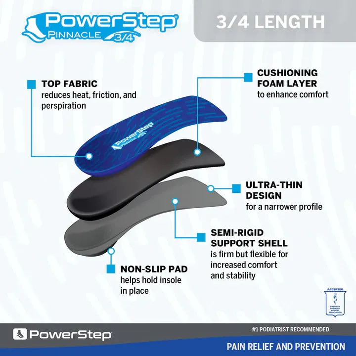 PowerStep Pinnacle 3/4 insoles | Arch Pain Relief Orthotic for Tight Shoes