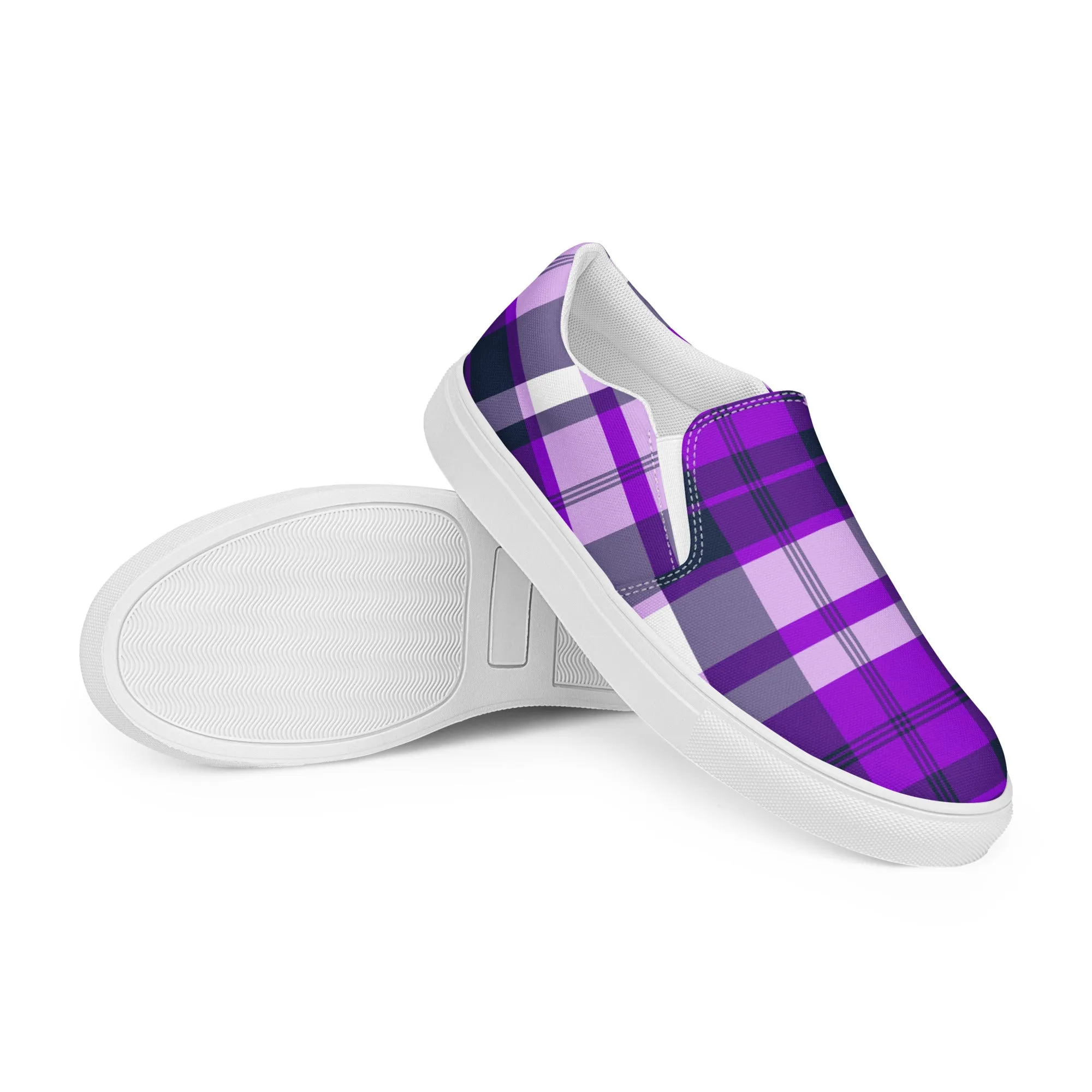 Purple and Navy Blue Preppy Surfer Plaid Women's Slip On Canvas Shoes