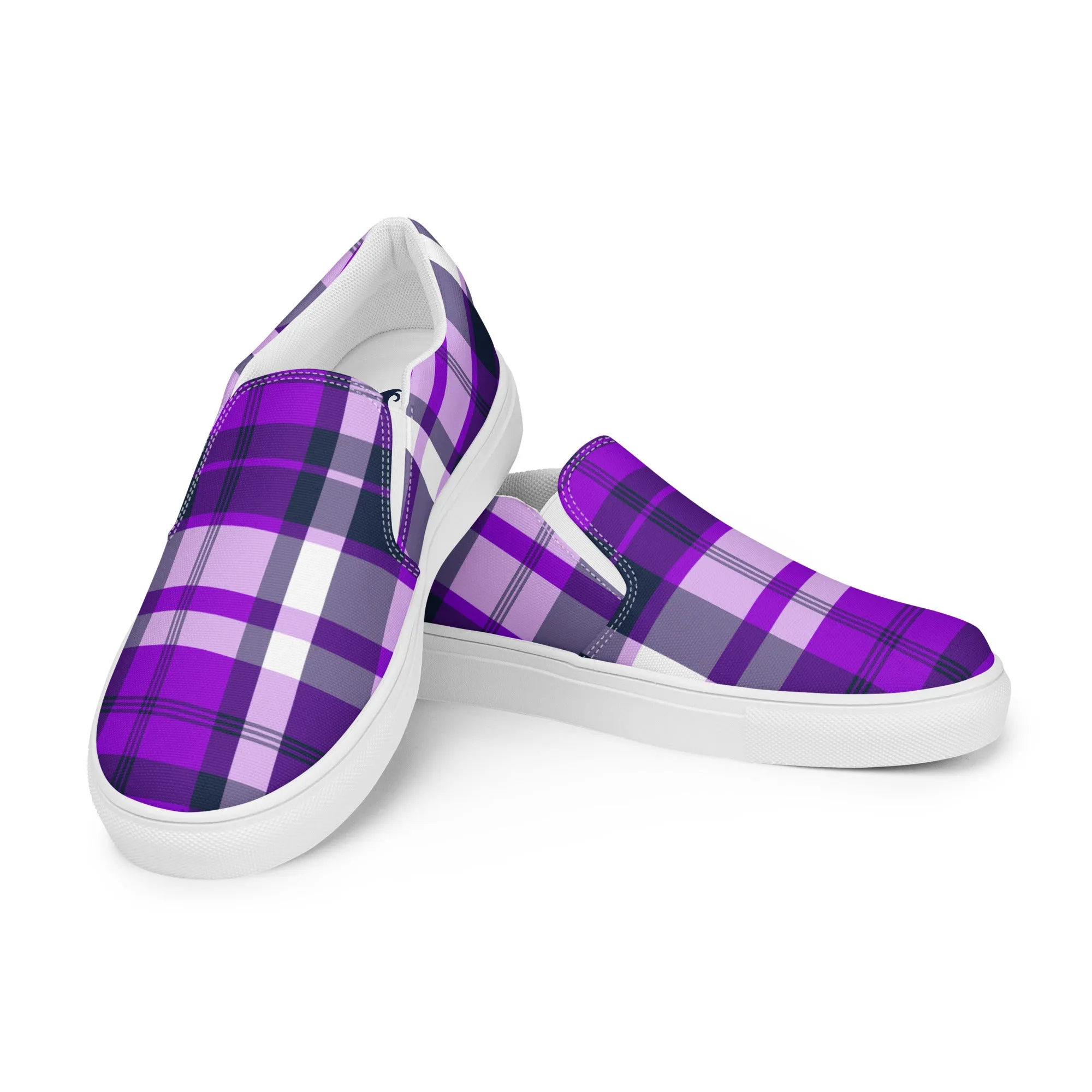 Purple and Navy Blue Preppy Surfer Plaid Women's Slip On Canvas Shoes