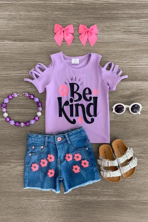 "Always Be Kind" Flower Denim Short Set