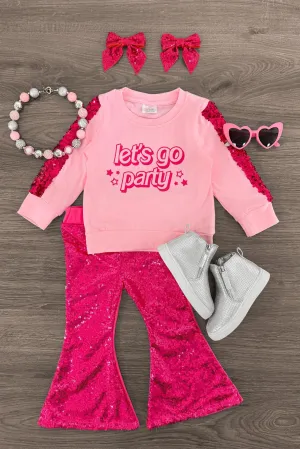 "Let's Go Party" Pink Sequin Bell Bottom Set