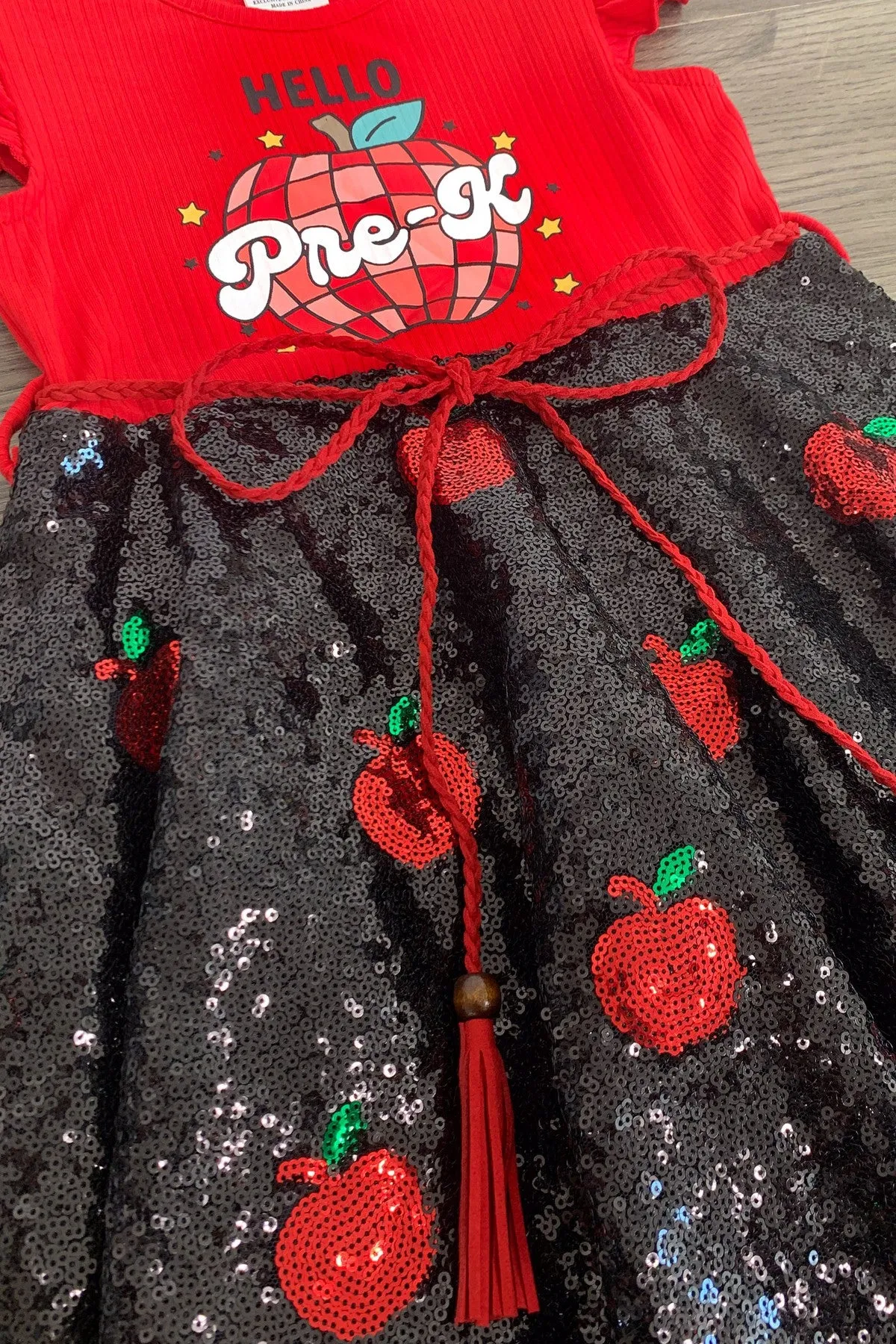 "Pre-K - 5th Grade" Sequin Apple Dress