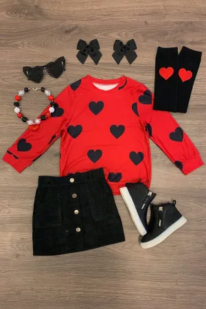 Red & Black Hearts Corduroy Skirt Set