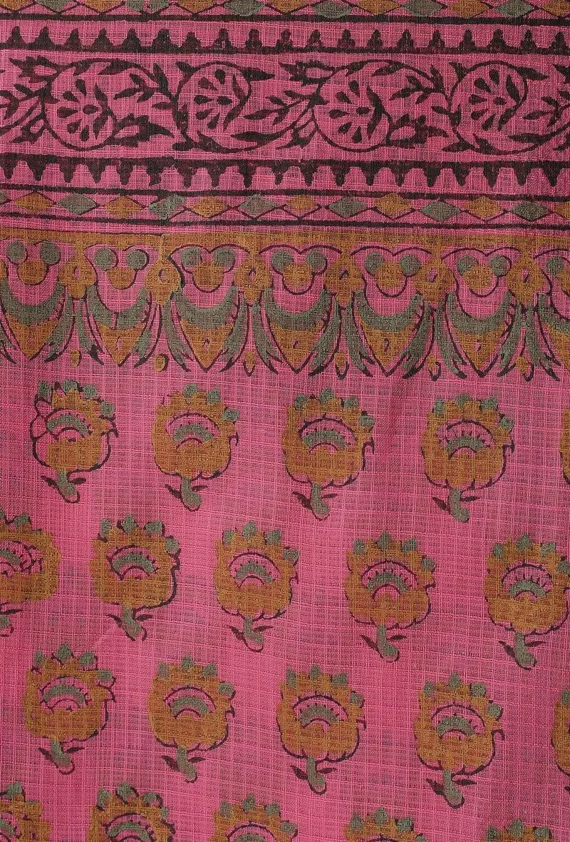 Set of 3: Gul Pink Buti Hand-Block Printed Cotton Slip with Plain Flared Palazzo and Floral Hand-Block Printed Kota Dupatta