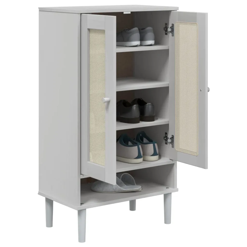 Shoe Cabinet SENJA Rattan Look White 59.5x35x107 cm Solid Wood