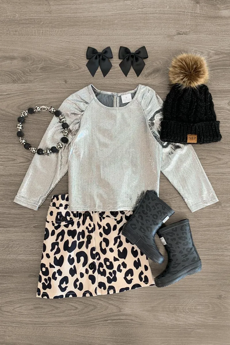 Silver Metallic Leopard Skirt Set