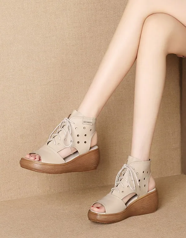 Summer Retro Leather Lace-Up Wedge Sandals