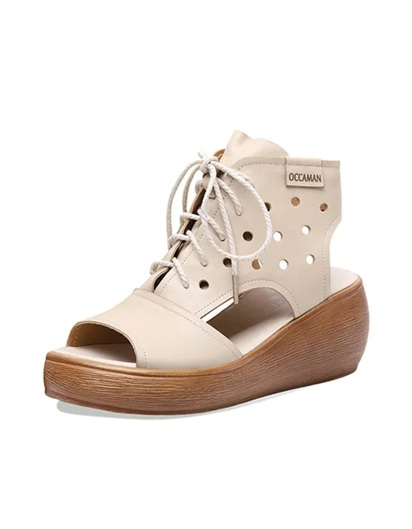 Summer Retro Leather Lace-Up Wedge Sandals