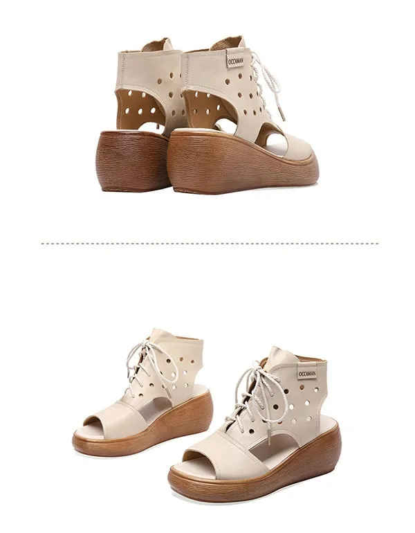 Summer Retro Leather Lace-Up Wedge Sandals