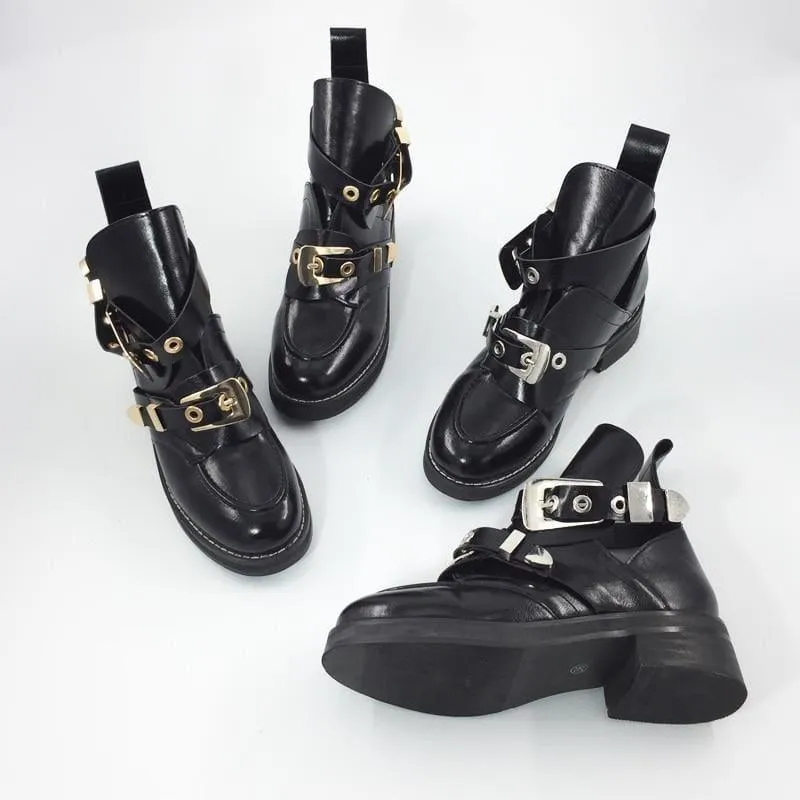 Vintage Motorcycle Boots Women  Buckle Strap Punk Ankle Boots