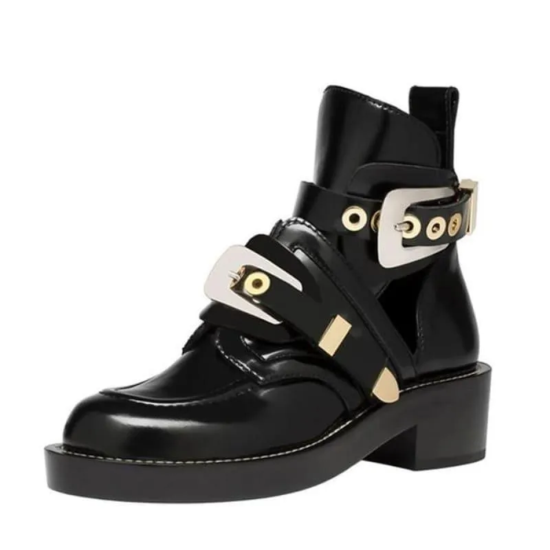 Vintage Motorcycle Boots Women  Buckle Strap Punk Ankle Boots