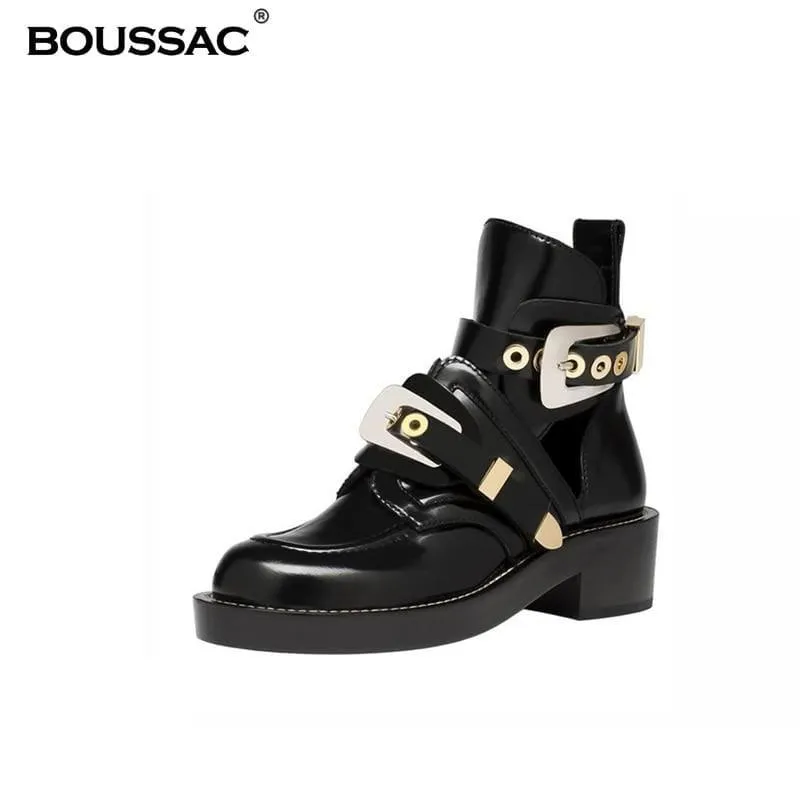 Vintage Motorcycle Boots Women  Buckle Strap Punk Ankle Boots